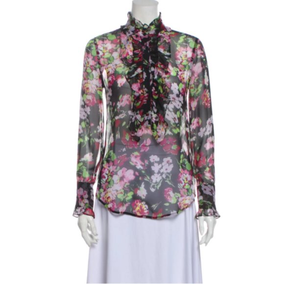 Equipment Tops - Equipment Silk Floral Ruffle Long Sleeve Mock Neck Blouse Red White Black